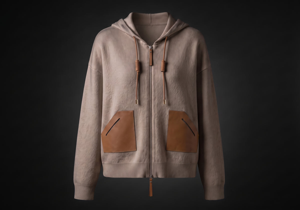 Velmurax wool cashmere zip hoodie in taupe, on its own on the dark studio set