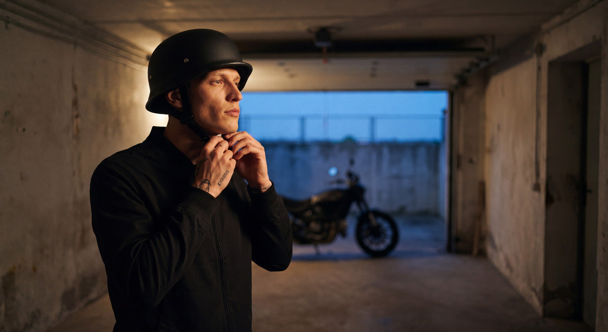 Man fastening the chin strap of a matte half helmet in a garage at dusk