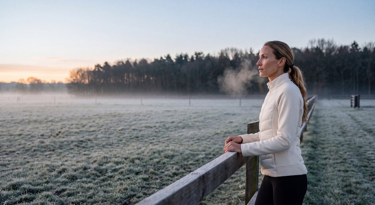 Rider in an ivory down jacket by a frosty paddock fence at dawn