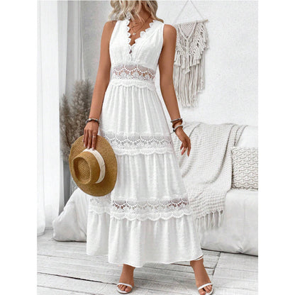 Robe sans manches pour femme à col en V avec dentelle cousue