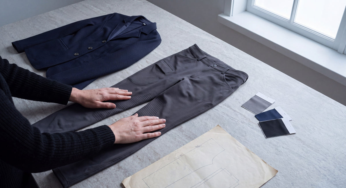 Hands smoothing grey riding breeches beside a navy show jacket and fabric swatches