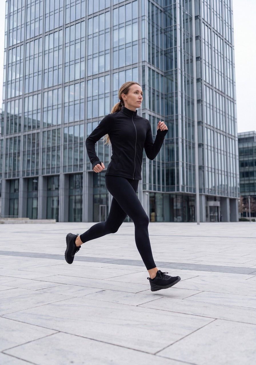 Woman running across a stone plaza in a black stretch track jacket and tights