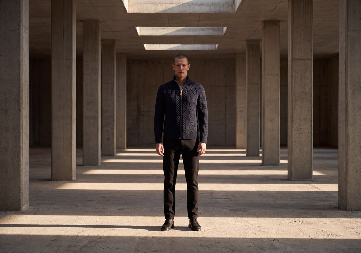 Man in a navy cable-knit zip cardigan among concrete columns in low sunlight