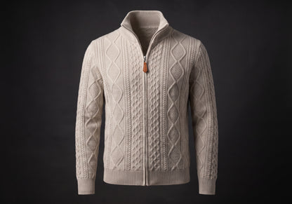 Velmurax cable knit zip cardigan in oatmeal, on its own on the dark studio set