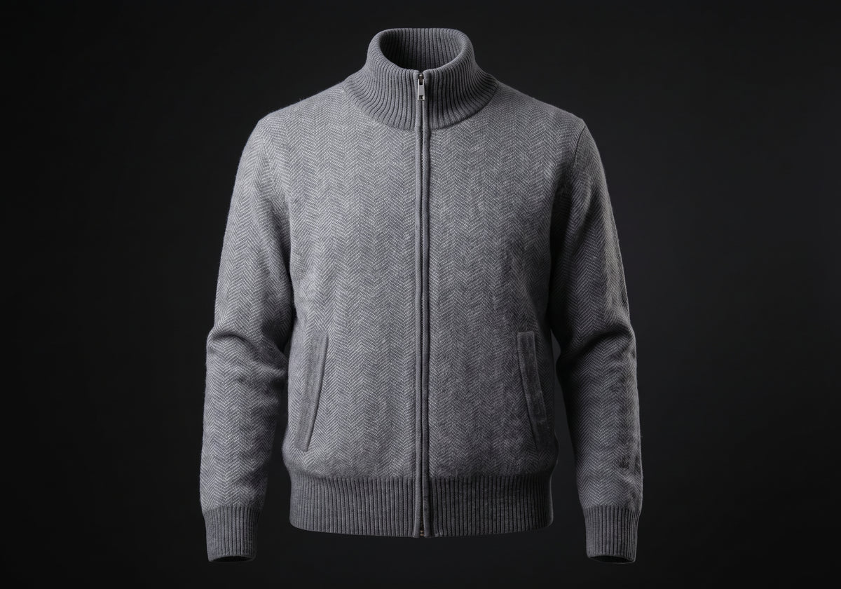 Velmurax cashmere zip cardigan in gray, on its own on the dark studio set