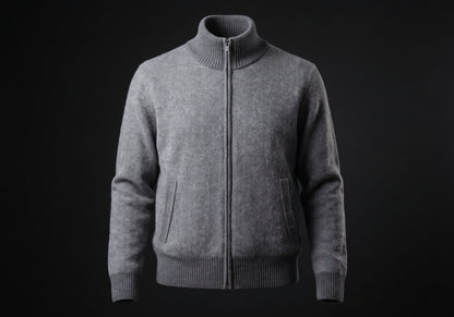 Velmurax cashmere zip cardigan in gray, on its own on the dark studio set