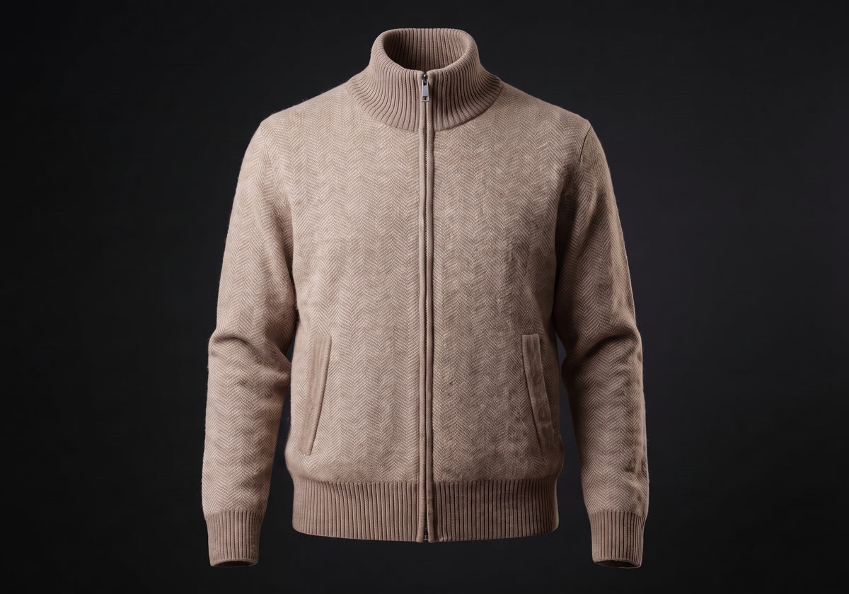 Velmurax cashmere zip cardigan in camel, on its own on the dark studio set