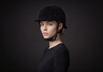 Velmurax classic velvet riding helmet in black velvet, worn by a rider, seen in a three-quarter front view on the dark studio set