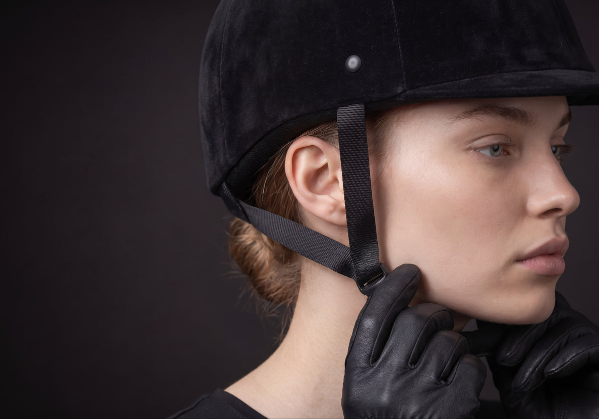 Velmurax classic velvet riding helmet in black velvet, in a close detail shot on a rider