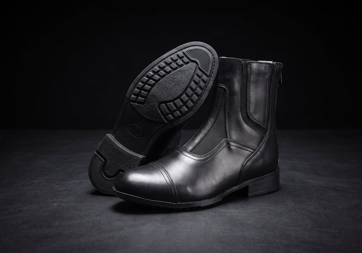 Velmurax cowhide paddock boots in black, showing the outsole and heel