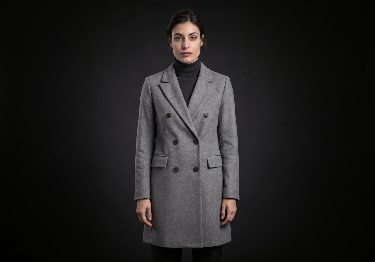 Velmurax double-breasted trench coat in gray, worn by the model in a front view on the dark studio set