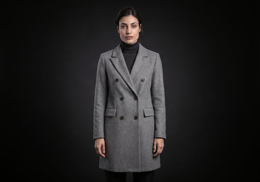 Velmurax double-breasted trench coat in gray, worn by the model in a front view on the dark studio set