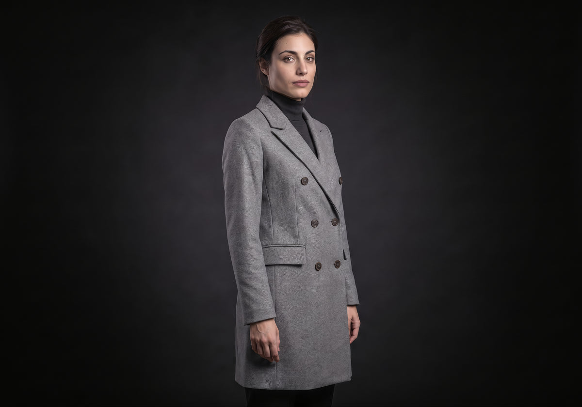 Velmurax double-breasted trench coat in gray, in a three-quarter view on the model on the studio set