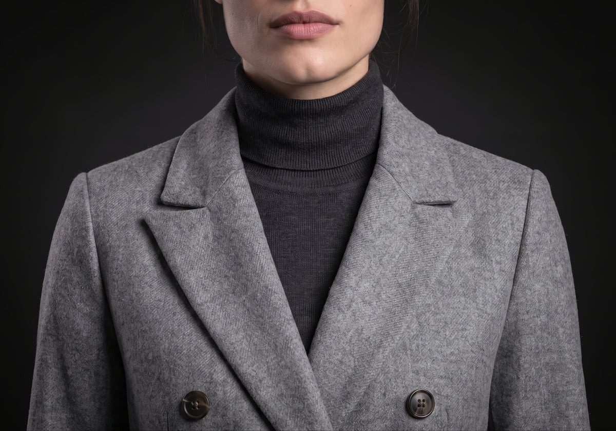 Velmurax double-breasted trench coat in gray, in a close detail shot on the model
