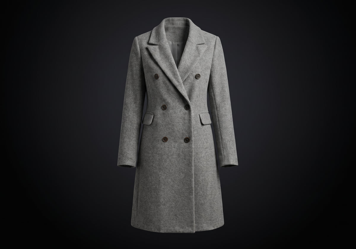 Velmurax double-breasted trench coat in gray, on its own on the dark studio set