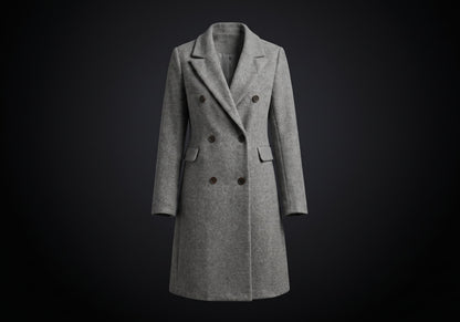Velmurax double-breasted trench coat in gray, on its own on the dark studio set
