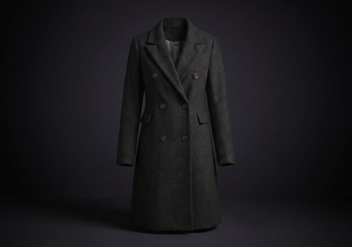 Velmurax double-breasted trench coat in black, on its own on the dark studio set
