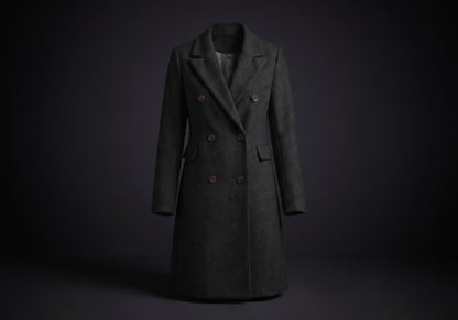 Velmurax double-breasted trench coat in black, on its own on the dark studio set