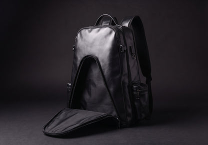 Velmurax equestrian backpack in black, opened to show the inside