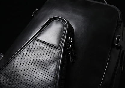 Velmurax equestrian backpack in black, the hardware and stitching up close