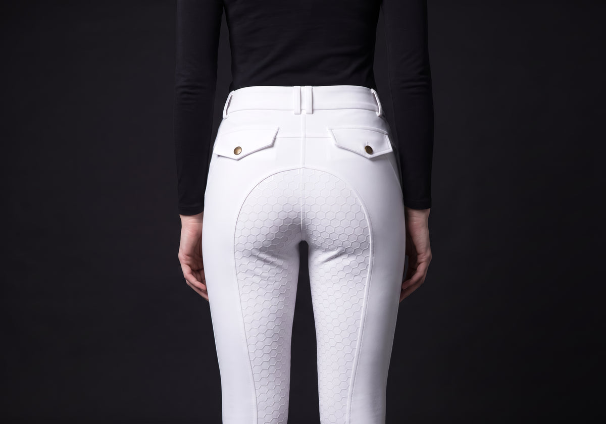Velmurax full-seat riding breeches in white, worn, seen from the back