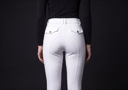 Velmurax full-seat riding breeches in white, worn, seen from the back