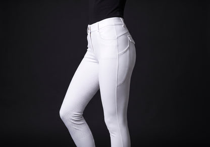 Velmurax full-seat riding breeches in white, worn, in side profile
