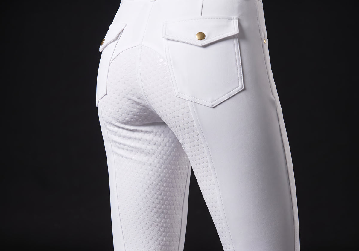 Velmurax full-seat riding breeches in white, the grip on the inner leg up close