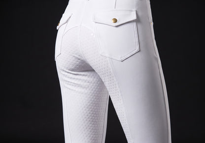 Velmurax full-seat riding breeches in white, the grip on the inner leg up close
