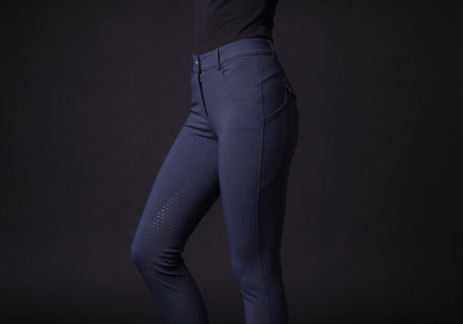Velmurax full-seat riding breeches in navy, worn, in side profile