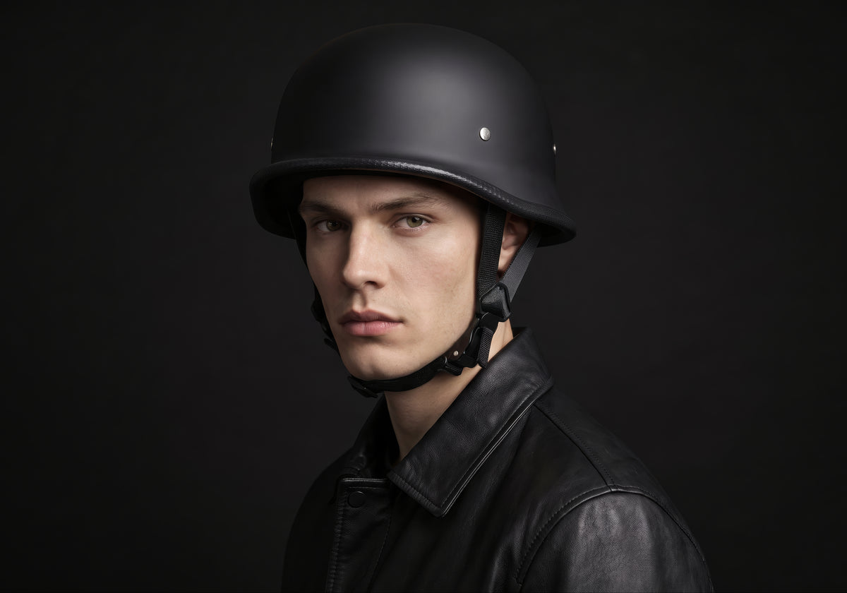 Velmurax German-style half helmet in matte black, worn by a rider, seen in a three-quarter front view on the dark studio set