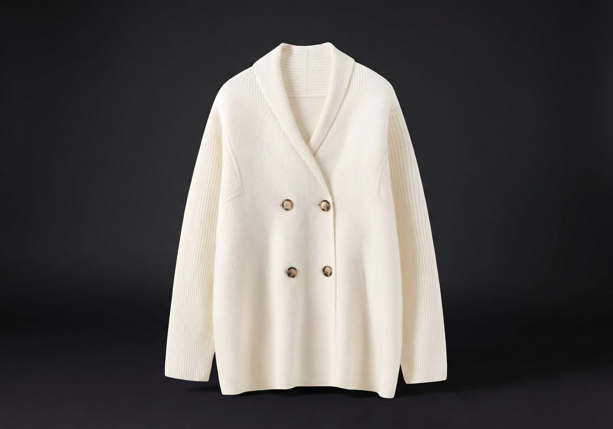 Velmurax knit cashmere coat in milky white, on its own on the dark studio set