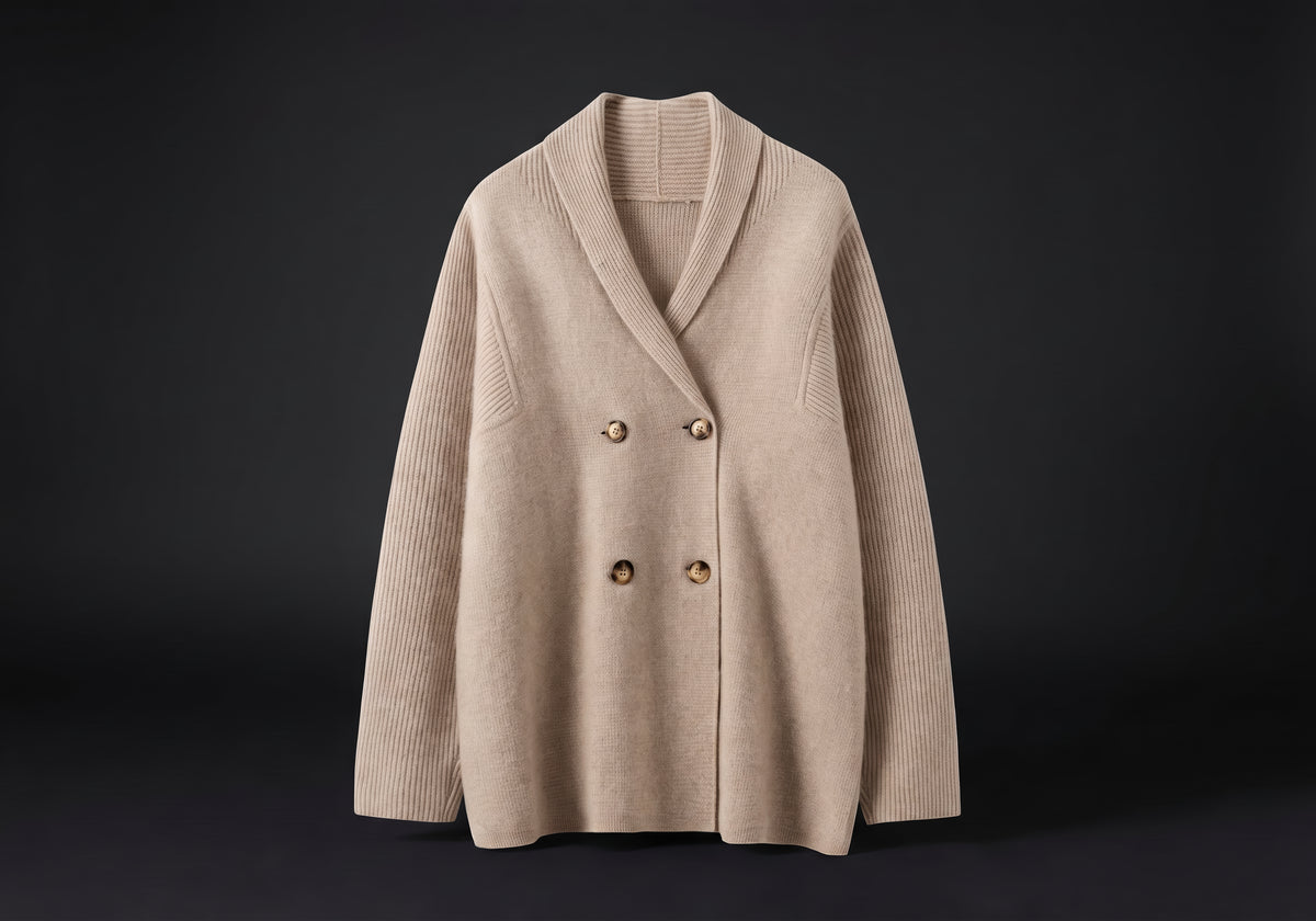 Velmurax knit cashmere coat in oat, on its own on the dark studio set