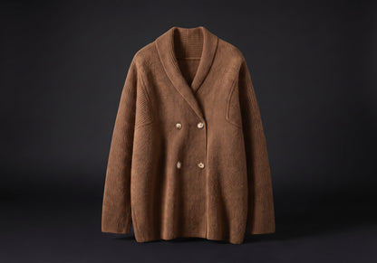 Velmurax knit cashmere coat in camel, on its own on the dark studio set