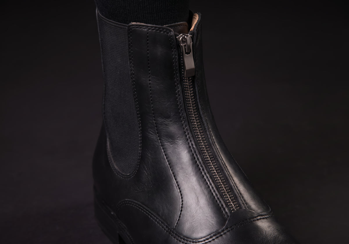 Velmurax leather paddock boots in black, the closure up close, worn