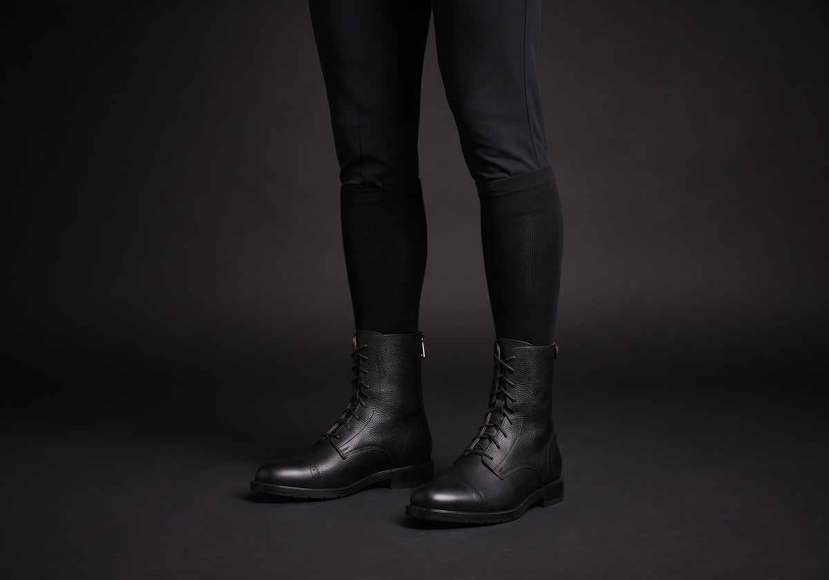 Velmurax leather paddock boots in black, worn, front three-quarter