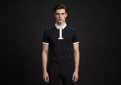 Velmurax men's knit riding polo shirt in black, worn by the model in a front view on the dark studio set