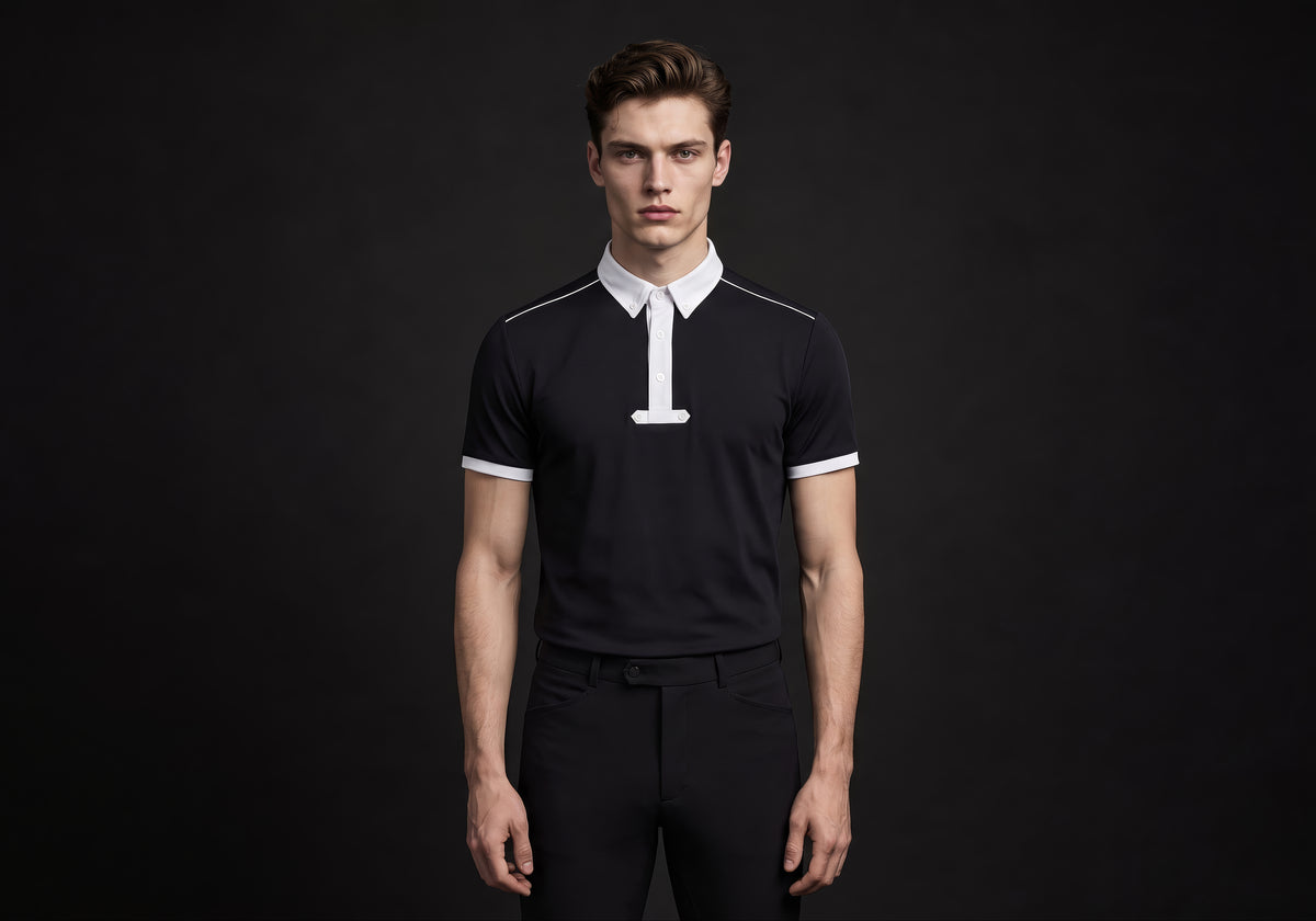 Velmurax men's knit riding polo shirt in black, worn by the model in a front view on the dark studio set