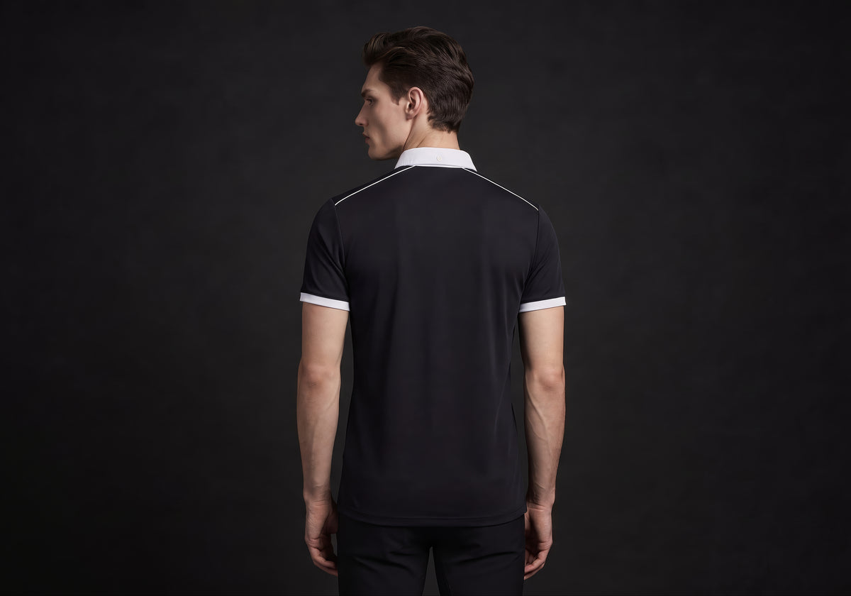 Velmurax men's knit riding polo shirt in black, seen from the back on the model, showing the back of the garment