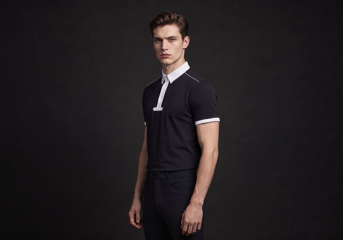 Velmurax men's knit riding polo shirt in black, in a three-quarter view on the model on the studio set