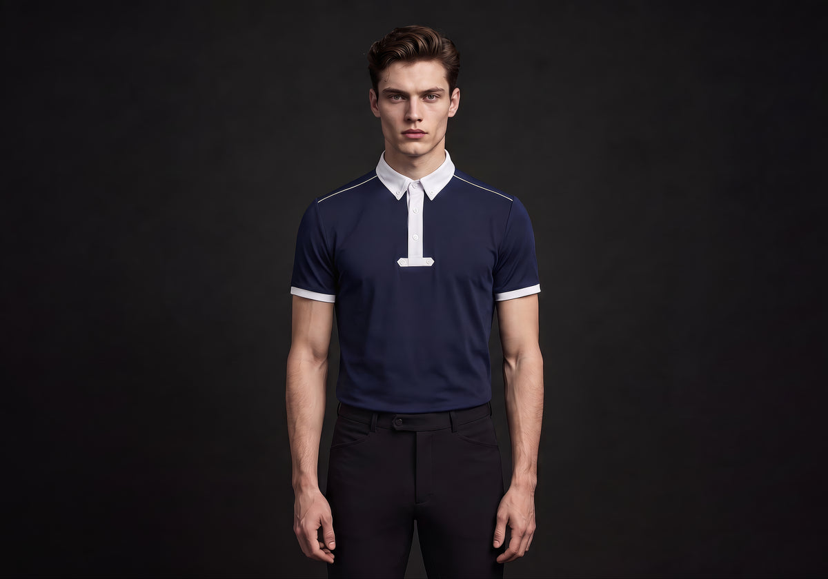 Velmurax men's knit riding polo shirt in navy, worn by the model in a front view on the dark studio set