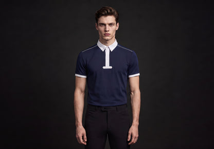 Velmurax men's knit riding polo shirt in navy, worn by the model in a front view on the dark studio set