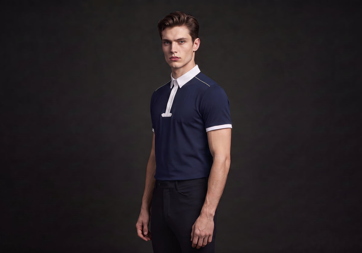 Velmurax men's knit riding polo shirt in navy, in a three-quarter view on the model on the studio set