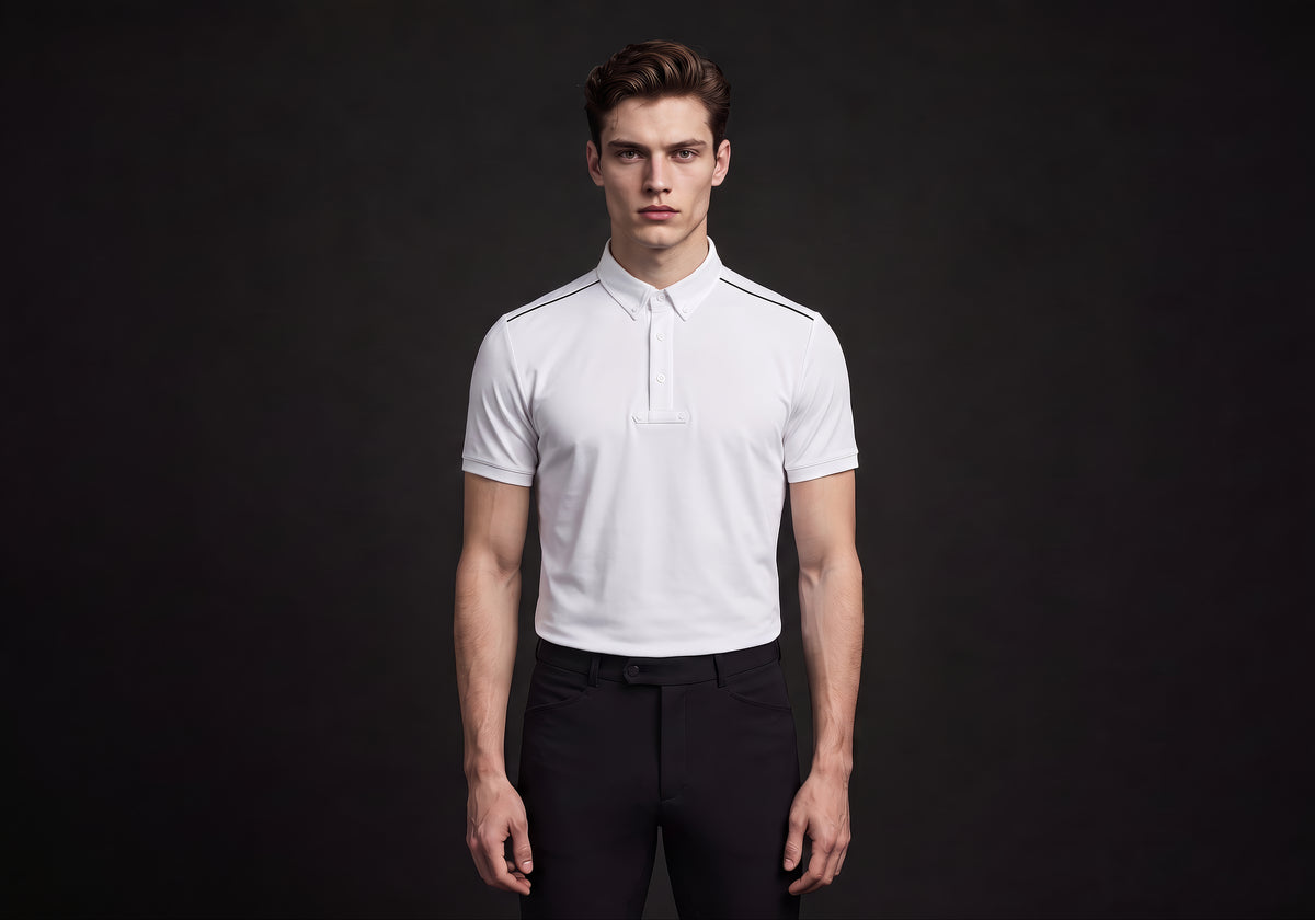 Velmurax men's knit riding polo shirt in white, worn by the model in a front view on the dark studio set