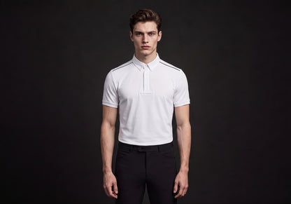 Velmurax men's knit riding polo shirt in white, worn by the model in a front view on the dark studio set