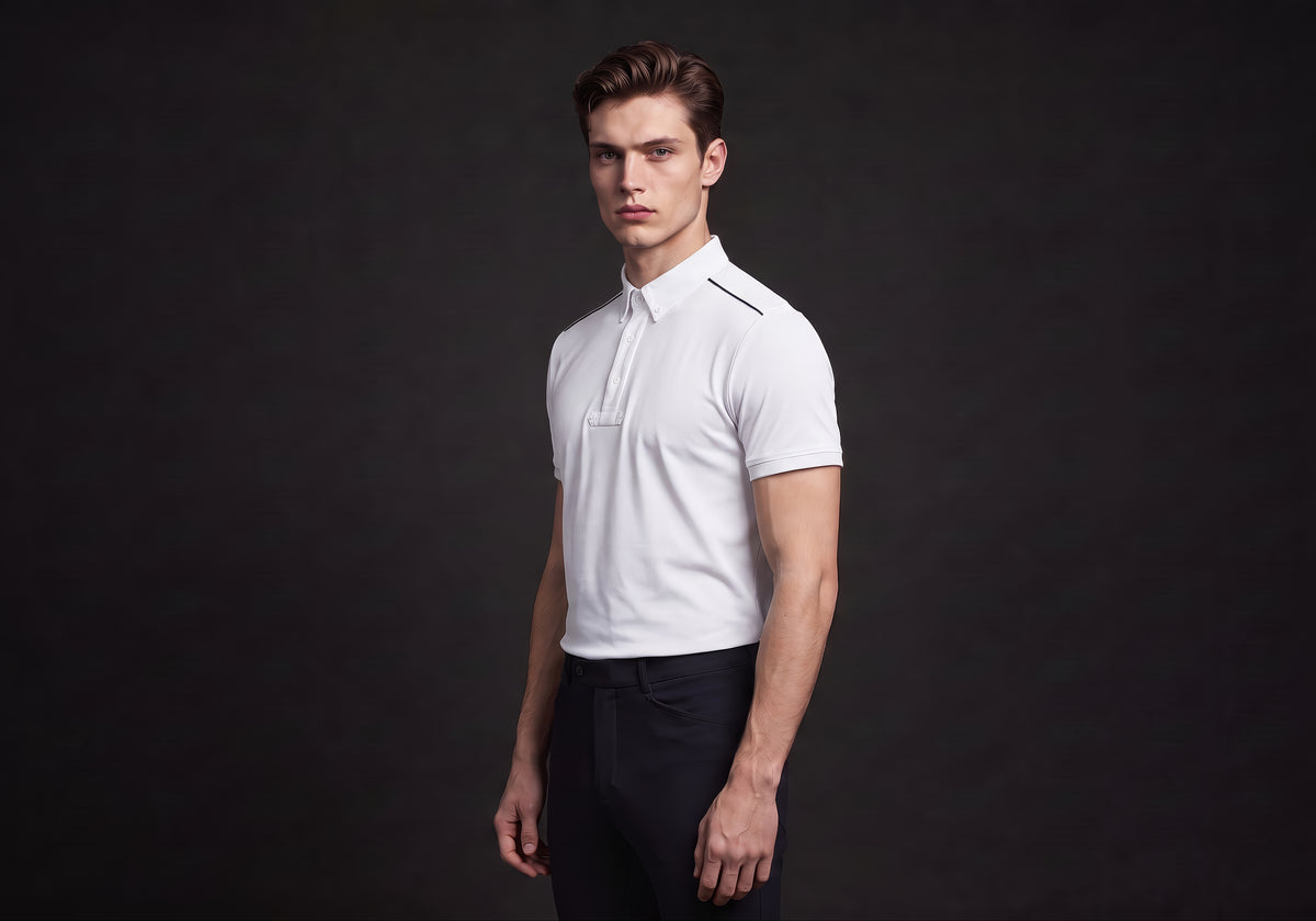 Velmurax men's knit riding polo shirt in white, in a three-quarter view on the model on the studio set