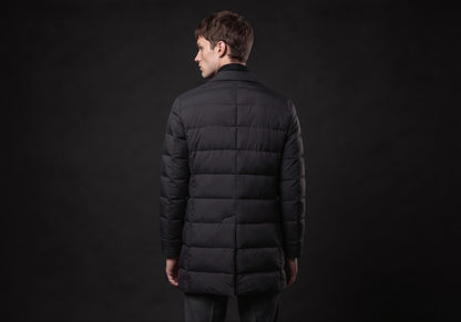 Velmurax men's quilted down coat in black, seen from the back on the model, showing the back of the garment