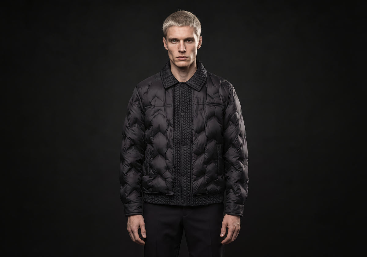 Velmurax men's quilted padded jacket in black, worn by the model in a front view on the dark studio set