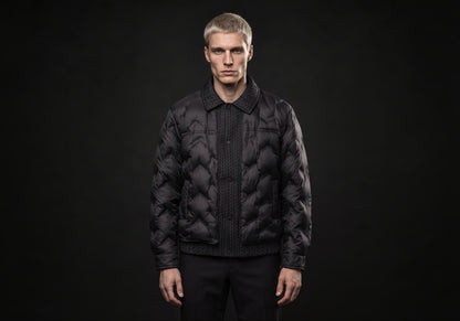 Velmurax men's quilted padded jacket in black, worn by the model in a front view on the dark studio set