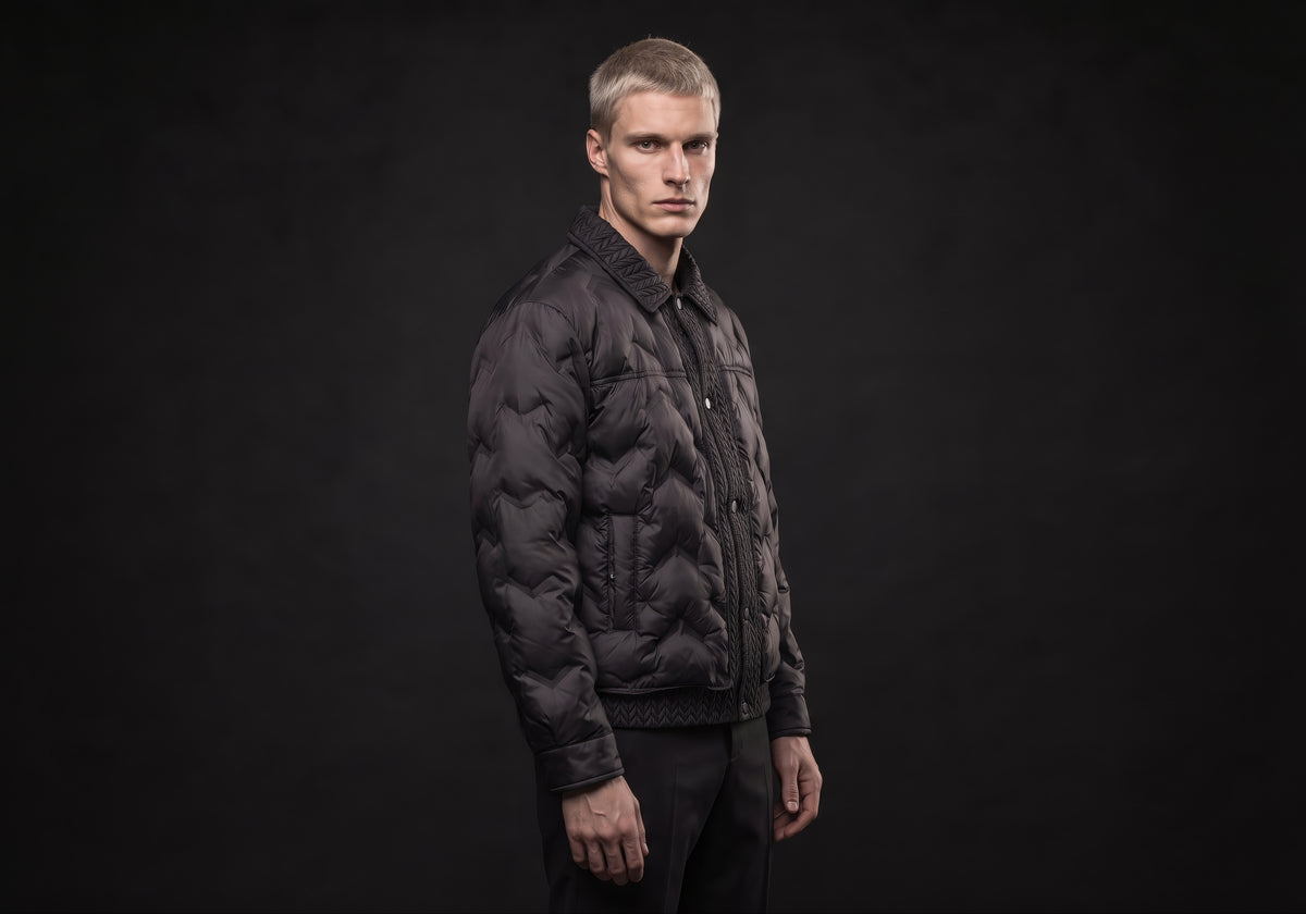 Velmurax men's quilted padded jacket in black, in a three-quarter view on the model on the studio set